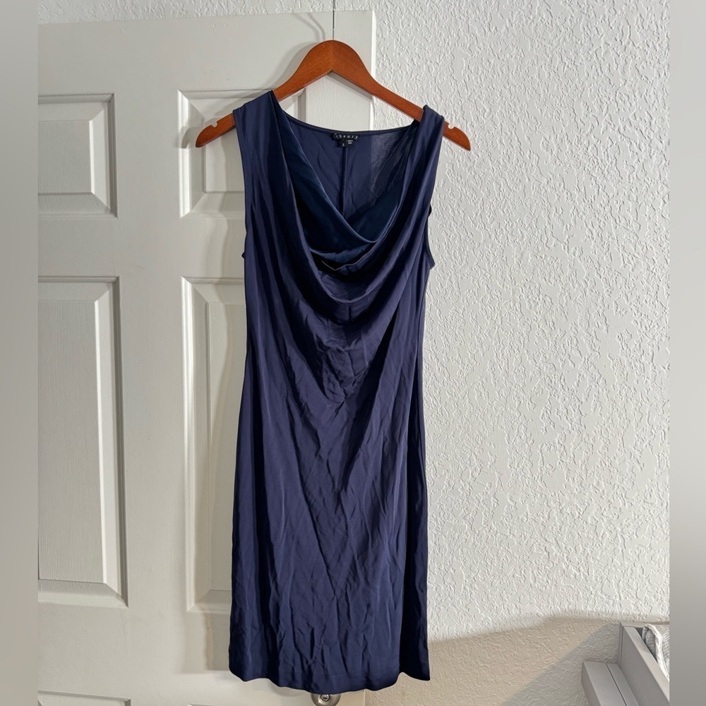 Theory Sleeveless Draped Navy Blue Dress
